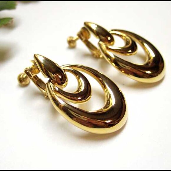1960s Signed NAPIER Gold Hoop Retro Vintage Clip Earrings 9165 - Picture 3 of 5